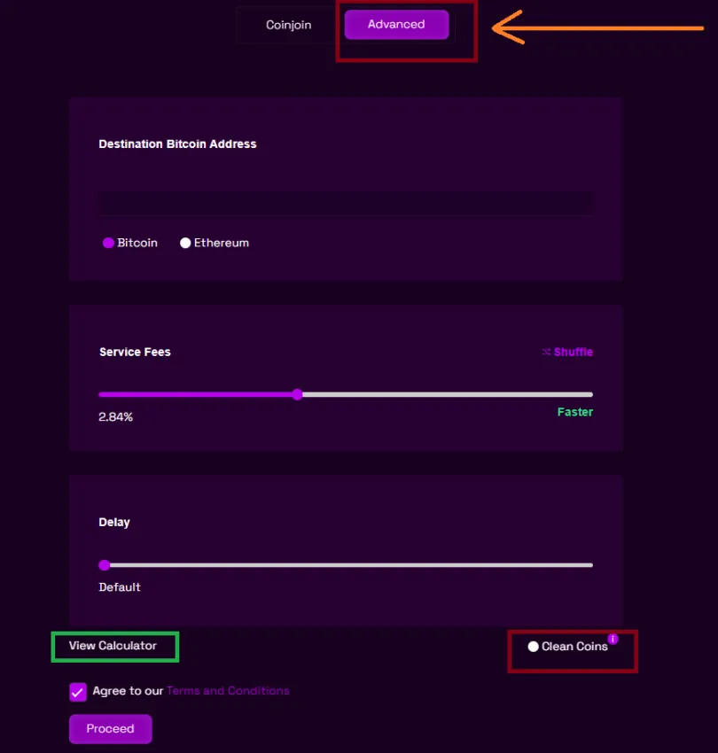 Mixero order form with destination bitcoin address, service fee slider and delay slider